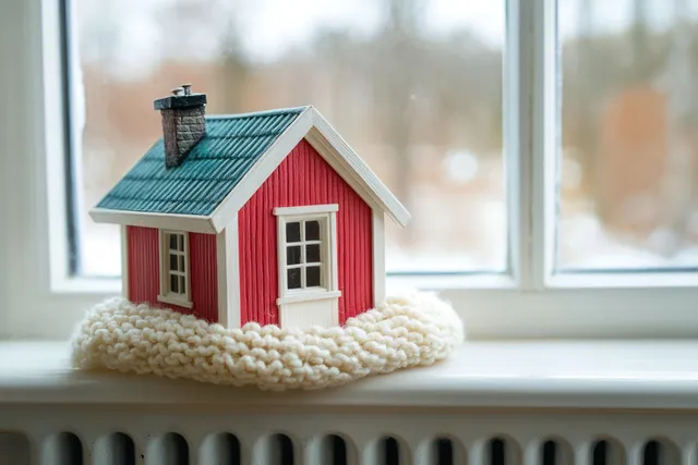 A small red toy house with a blue roof sits on a cream knitted cushion on a windowsill with a blurred winter background.