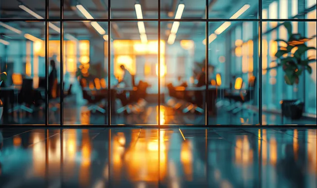 Sunlit modern office interior with glass partitions and reflective floor at dusk