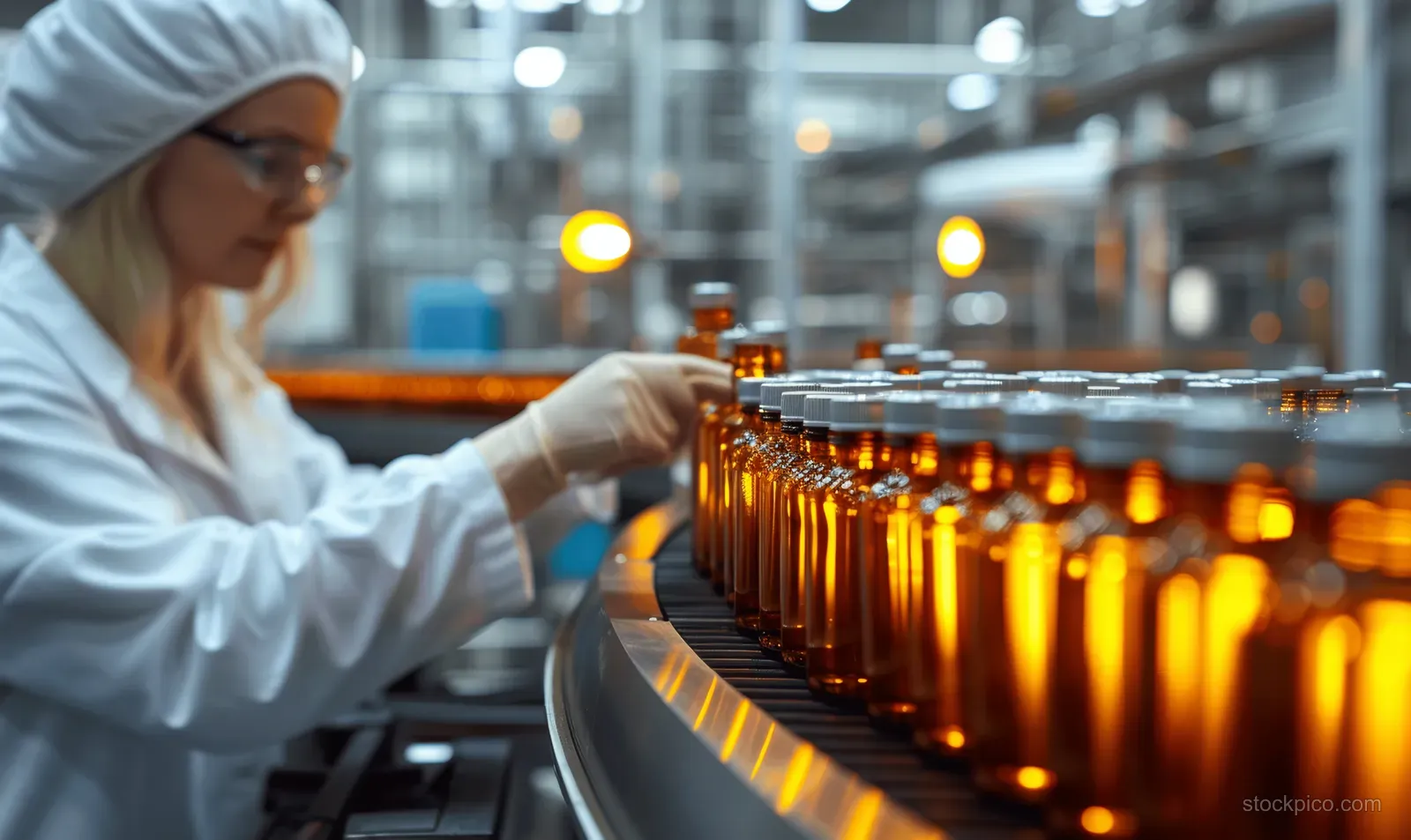 A technician inspects medical vials on a sterile pharmaceutical production line, emphasizing quality assurance and safety.
