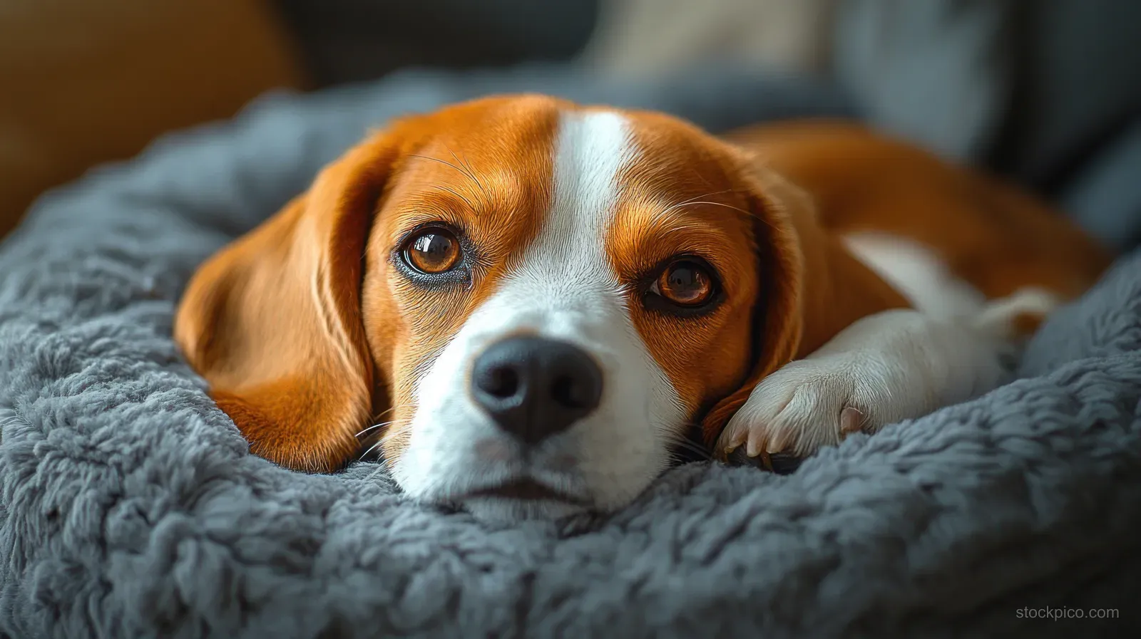 A brown and white dog rests on a soft gray blanket indoors with soulful eyes and relaxed fur.