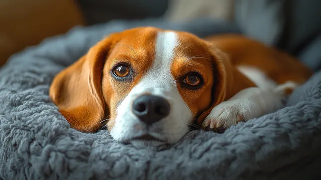 A brown and white dog rests on a soft gray blanket indoors with soulful eyes and relaxed fur.