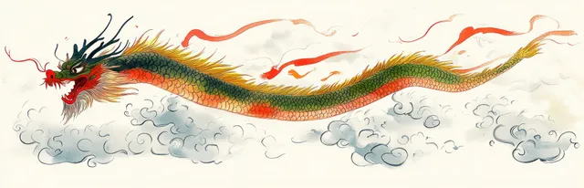 A colorful Chinese dragon flies through layered white clouds with red flame details and flowing ink lines.