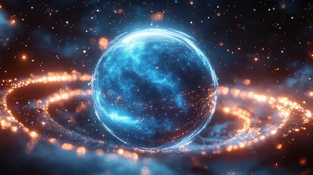 A glowing blue celestial sphere sits in the center of swirling orange particle rings in dark outer space.