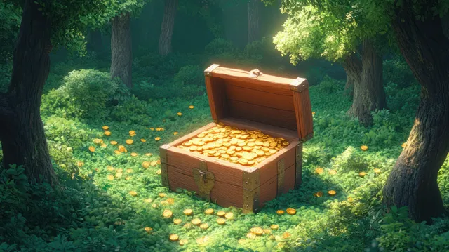 An open wooden treasure chest spilling gold coins in a sunlit forest clearing surrounded by green trees.