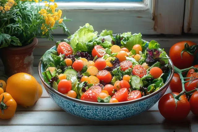 Fresh salad bowl with cherry tomatoes, greens, and herbs on a windowsill
