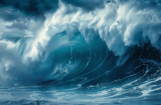 A massive blue ocean wave crashes and splashes white foam beneath dark storm clouds.
