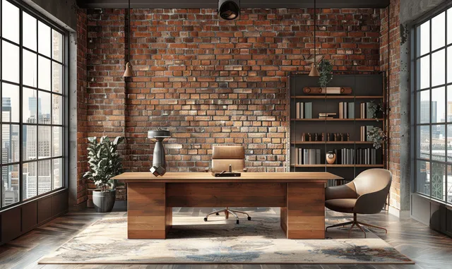 Wooden desk in a brick-walled home office with armchairs and large windows showing a cityscape view.