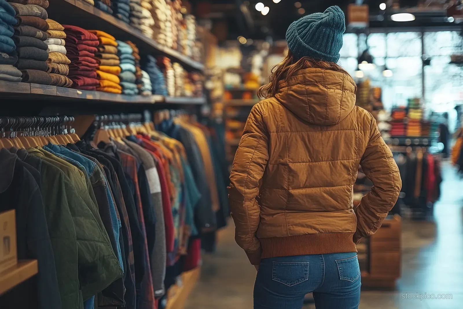 Young woman stands in a clothing store aisle, viewing hanging jackets and shirts on racks.