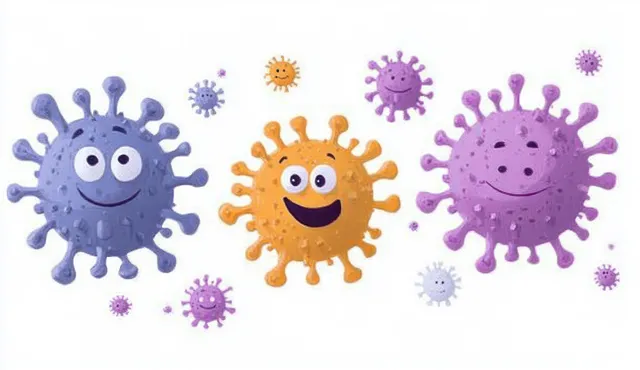Smiling cartoon virus characters and pollen-like dots float on a clean white background.