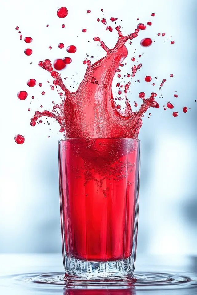 Red cherry juice splash erupts upward from a clear glass on white background
