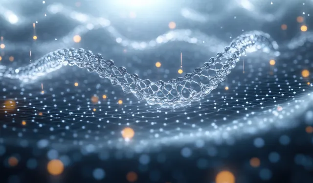 Glowing DNA helix of floating particles across a deep blue, bokeh-lit scientific serum background.