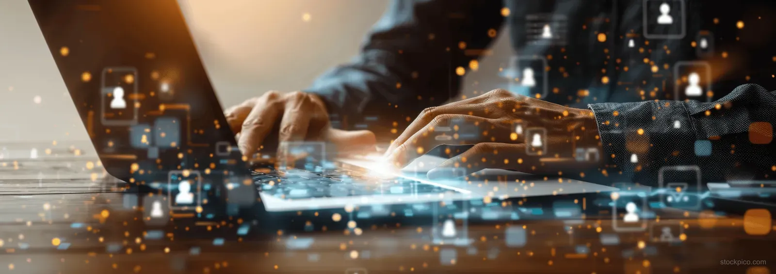 Hands typing on a laptop with glowing AI interface icons and data overlays.