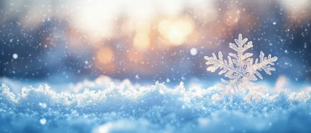 Close-up snowflakes over a snowy winter landscape with sparkling frost and soft golden bokeh lights.