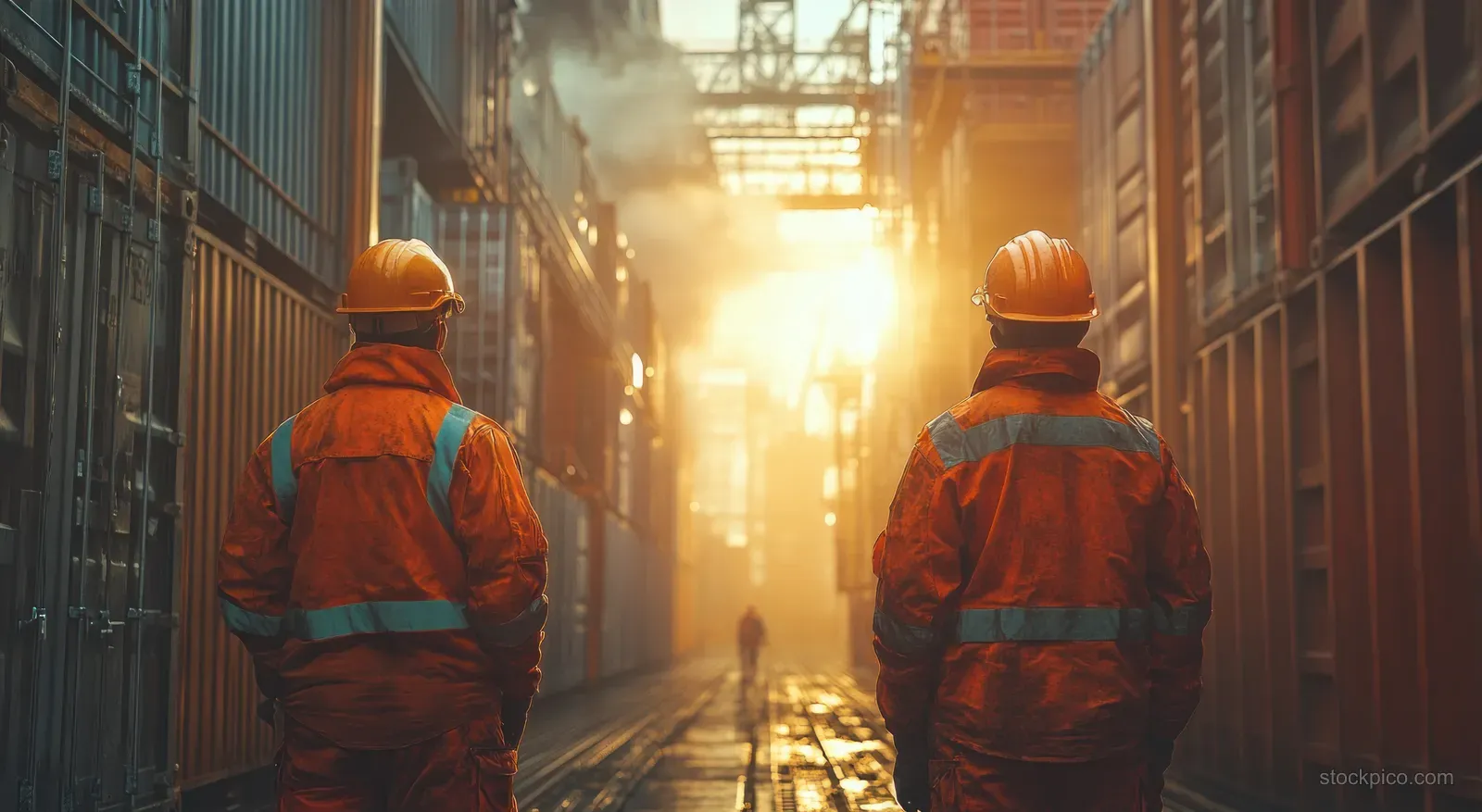 Two industrial workers in orange safety jackets talk between stacked shipping containers with sunlight shining down the yard aisle.