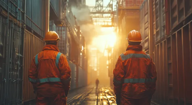 Two industrial workers in orange safety jackets talk between stacked shipping containers with sunlight shining down the yard aisle.