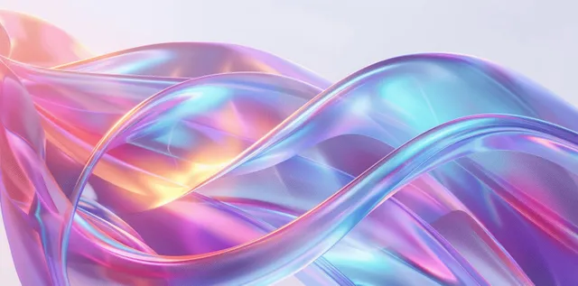 Iridescent holographic ribbons twist and loop across a clean white 3D background with geometric light highlights.