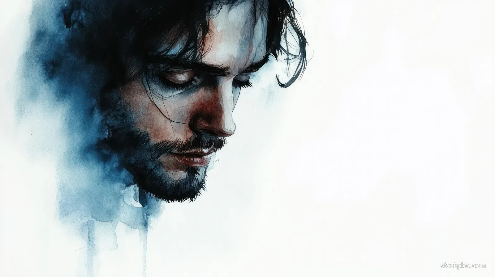 Watercolor portrait of Jesus Christ with soft blue mist, calm expression, and blank space beside the head.