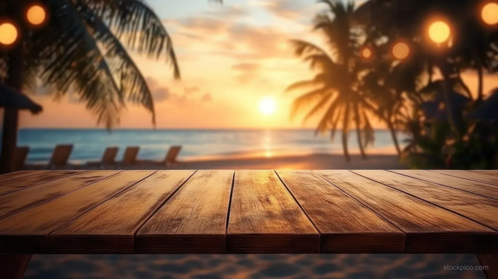 Rustic wooden table in the foreground with a tropical sunset beach background and palm bokeh lights.