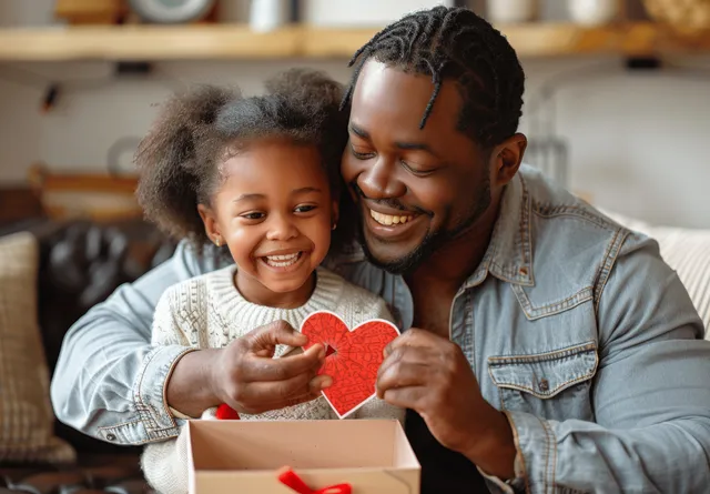 African American father and daughter smile indoors while holding a heart-shaped card and opening a gift box.