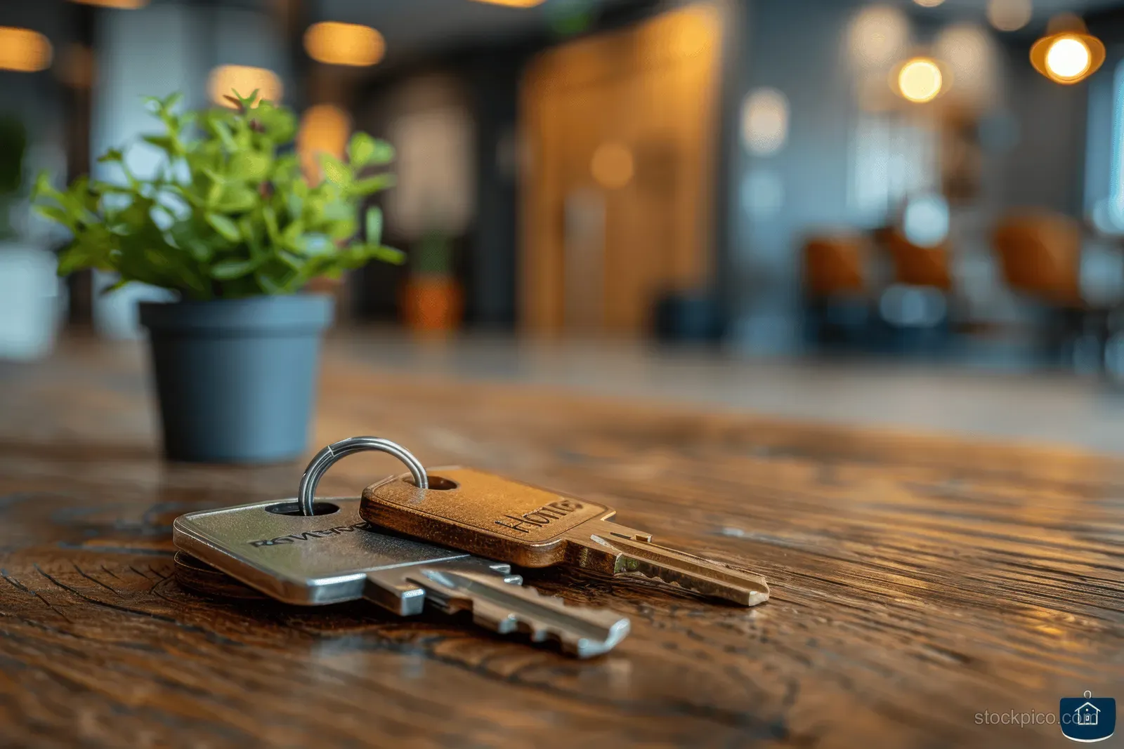 House keys on a wooden office table beside a small home model and loan paperwork.