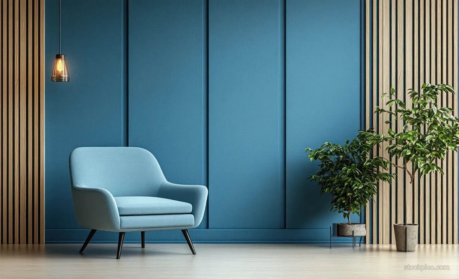 Light blue armchair positioned against a dark blue paneled wall beside a potted plant with warm wall sconce lighting.