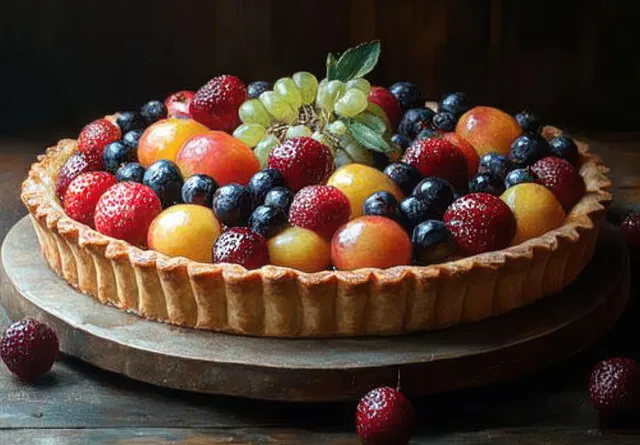 Fruit tart crust topped with strawberries, blueberries, grapes, and apricots on a wooden board in natural light.