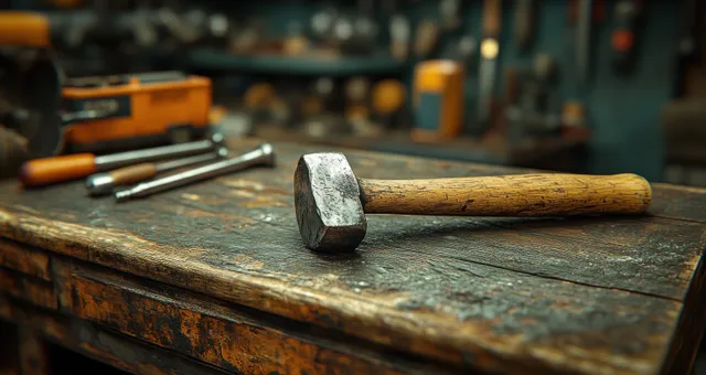 Hammer on a weathered wooden workbench with scattered tools blurred in the background.