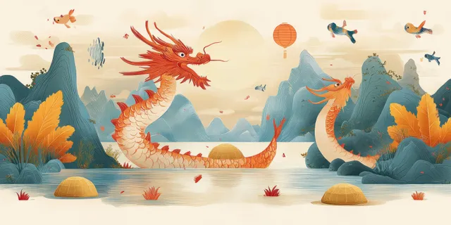 Two red dragons emerge from calm water in a fantasy landscape with blue mountains, orange foliage, a floating lantern, and koi fish.