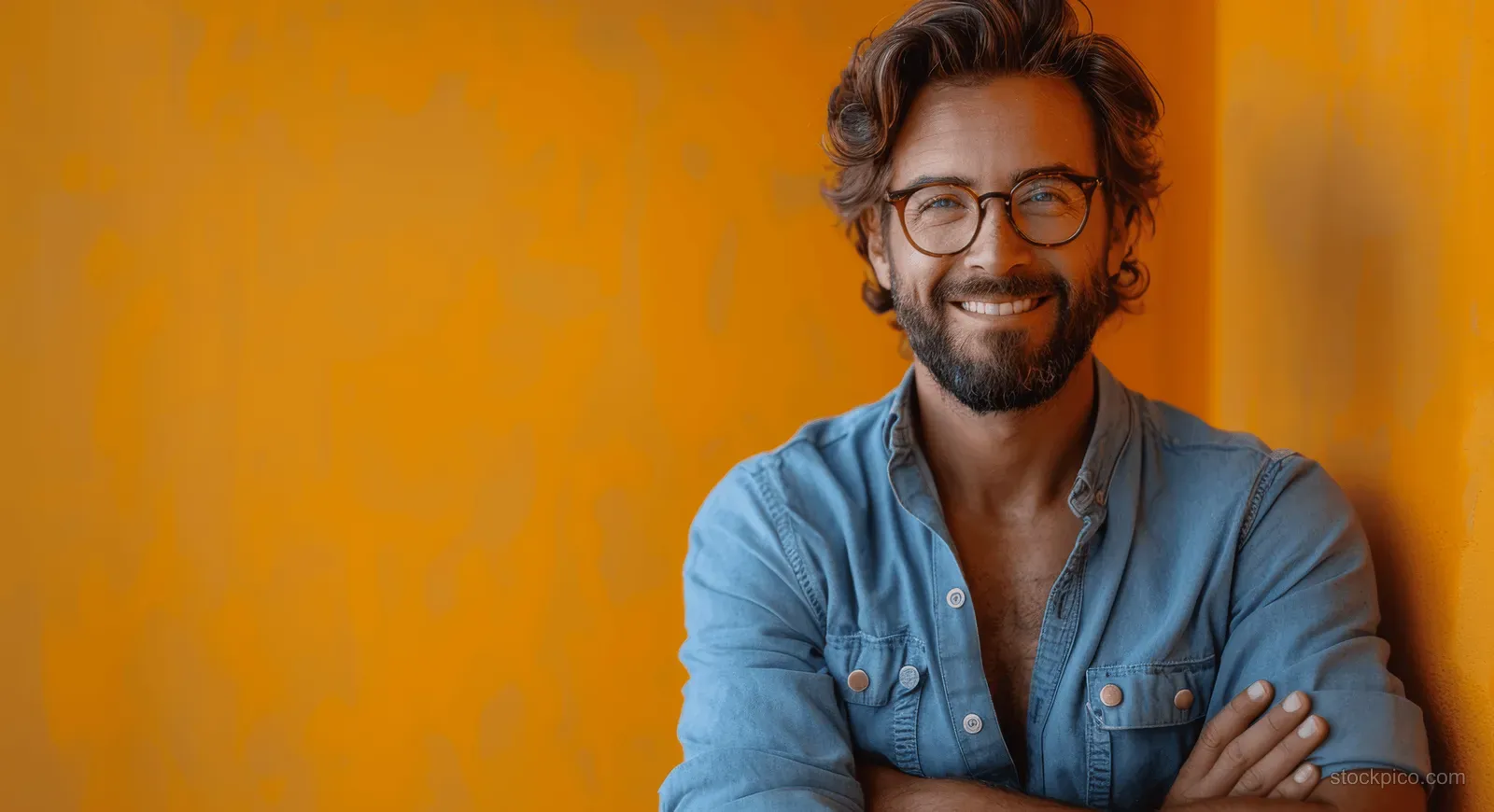 Smiling man in blue shirt and glasses with arms crossed against a vivid yellow studio background.