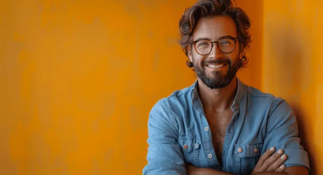 Smiling man in blue shirt with glasses arms crossed against vivid yellow studio background