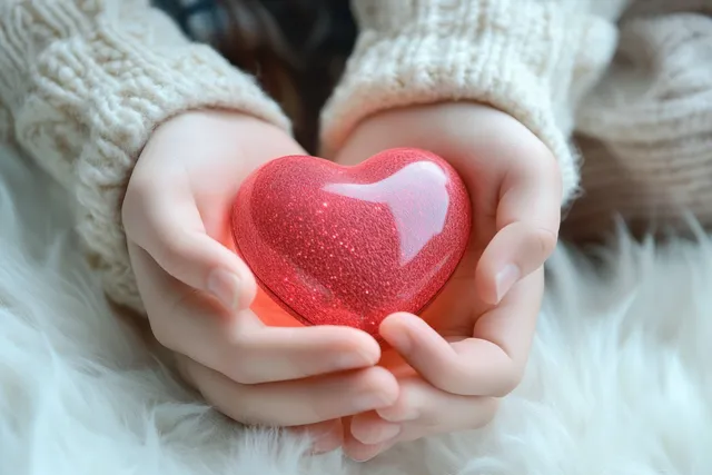 Mother cradles newborn hands holding a glitter heart on soft blanket