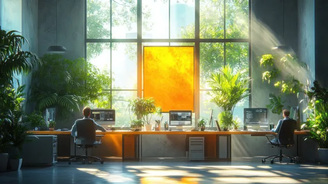 Cartoon team collaborating around laptops in a bright modern office with large windows