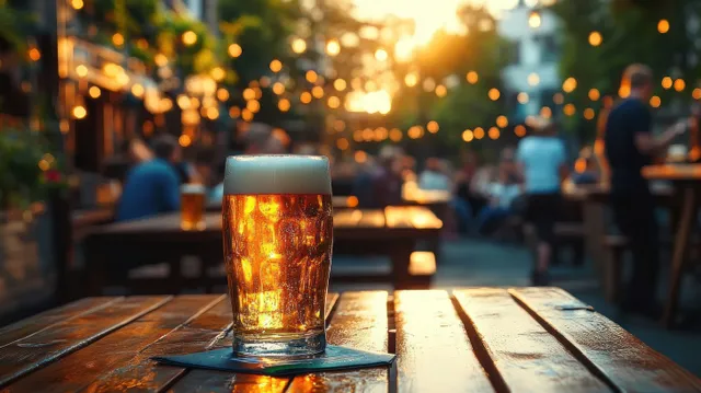 Frothy beer in glass on rustic wooden table at sunset garden bar, string lights bokeh