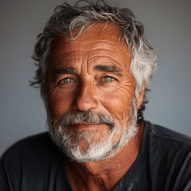 Closeup of smiling senior man with grey hair and beard against clean white background