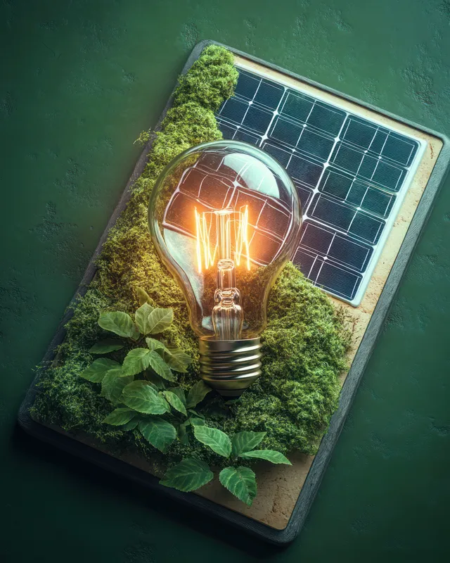 Glowing light bulb sits on a solar panel covered with moss and small plants on a dark green background.
