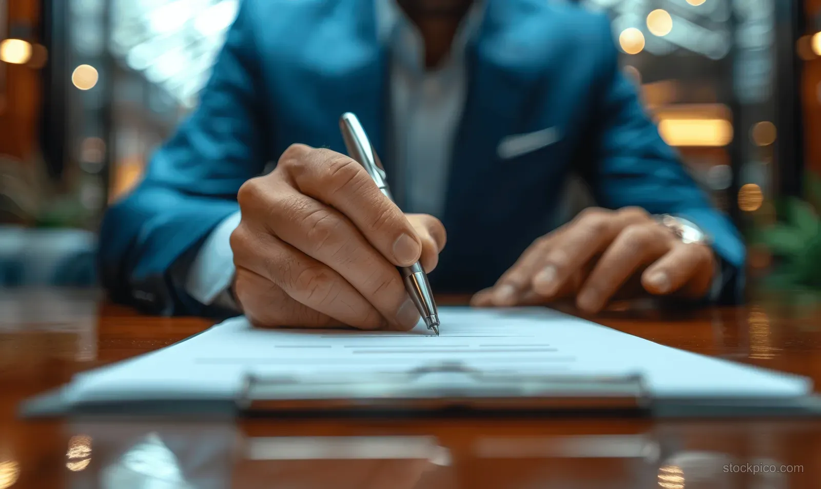 An executive signs a contract document with a pen on a desk in an office while other people blur behind.