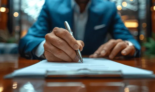 An executive signs a contract document with a pen on a desk in an office while other people blur behind.