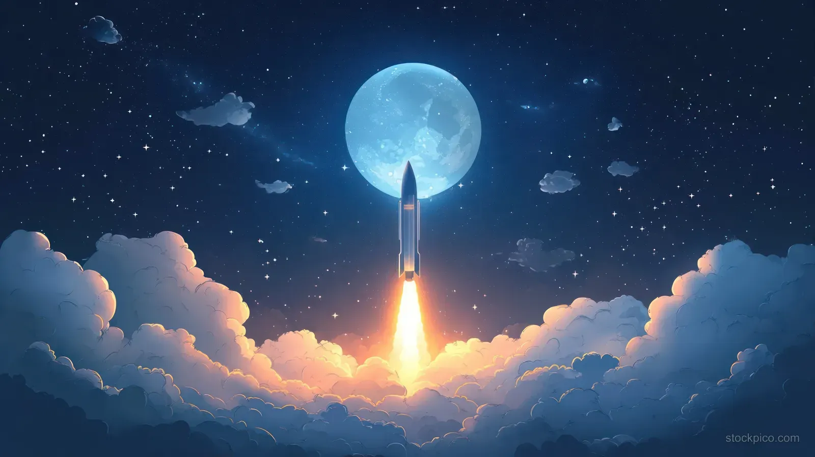 A rocket climbs through clouds toward a bright full moon as flames and sparks illuminate a starry night sky.
