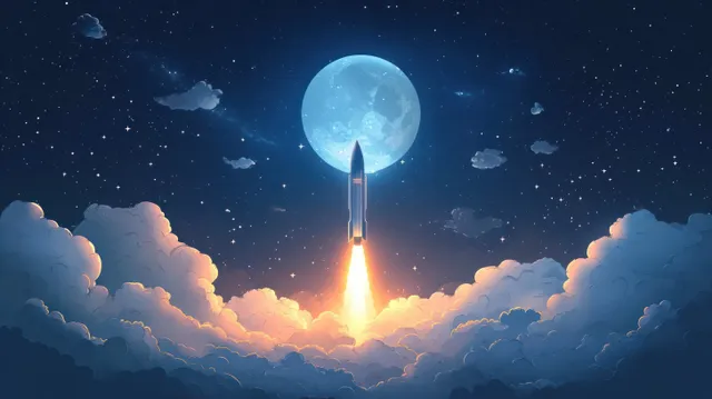 Rocket launching through clouds toward a full moon, blazing with fire and glowing trail