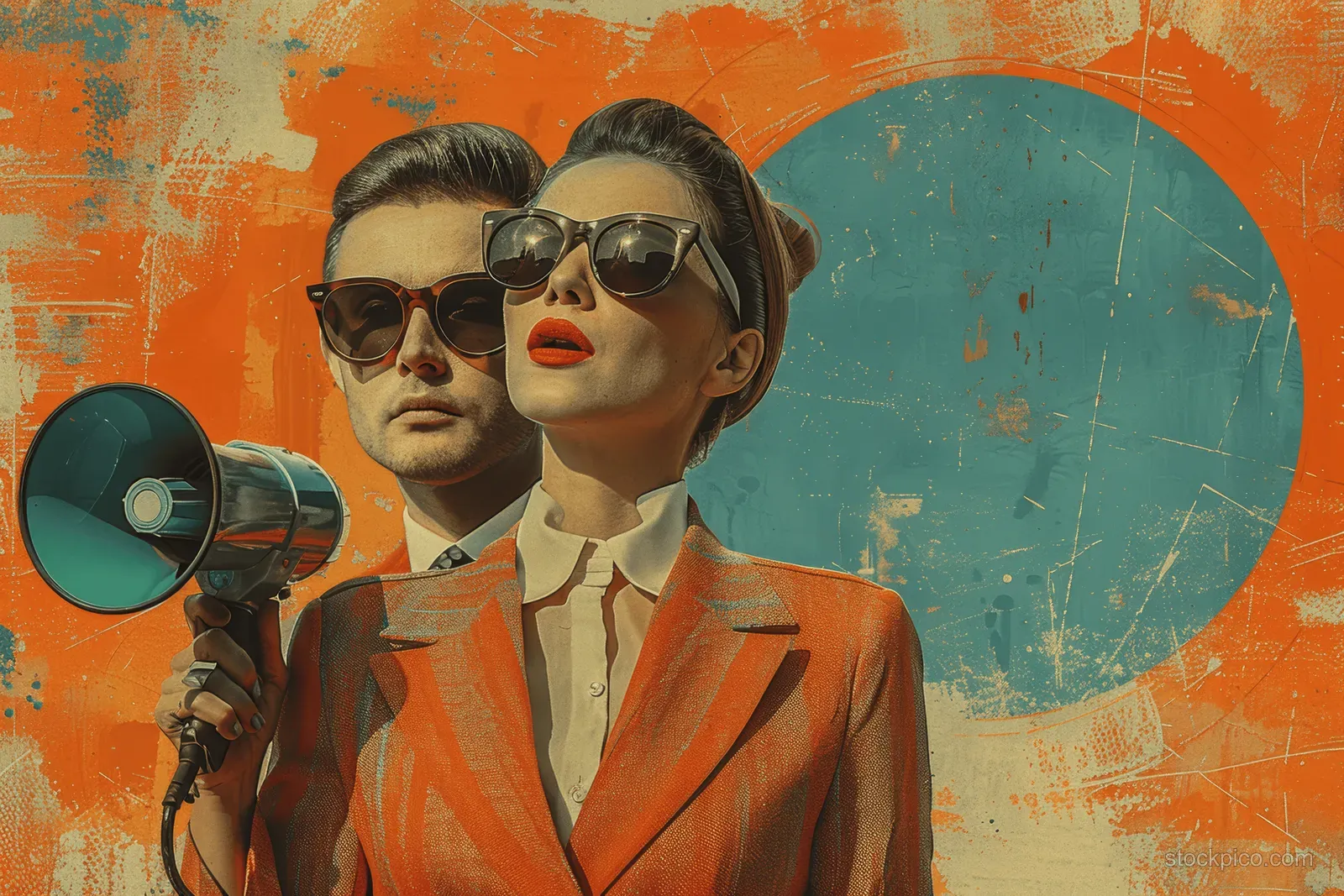 Two suited business people shout from megaphones celebrating election success over a textured orange and teal background.