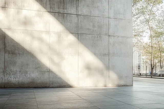 A concrete wall and tiled walkway receive angled sunlight with long shadows in an urban setting.