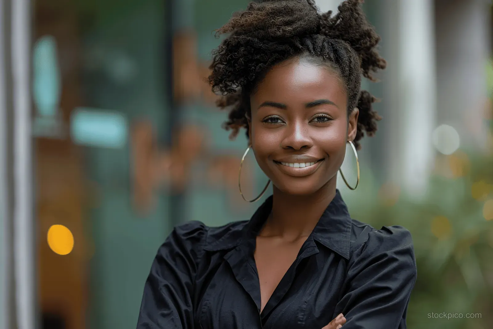 Smiling African American businesswoman with crossed arms standing outside an office building in business attire.