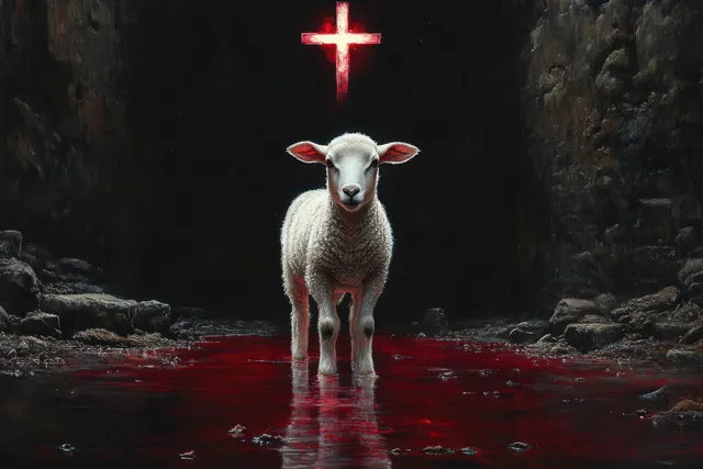 A white lamb stands in a dark cave under a glowing cross while red reflections pool on wet stone.