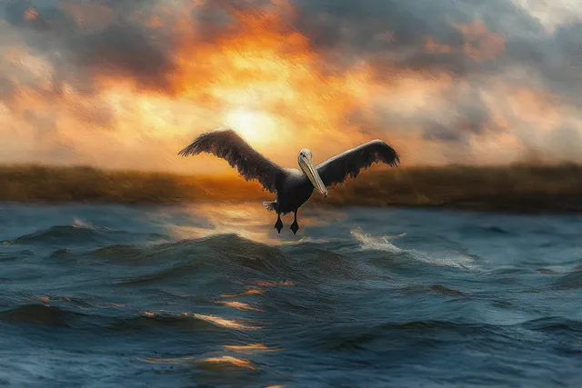 A pelican flies low above ocean waves under a vibrant sunset with dramatic clouds behind it.