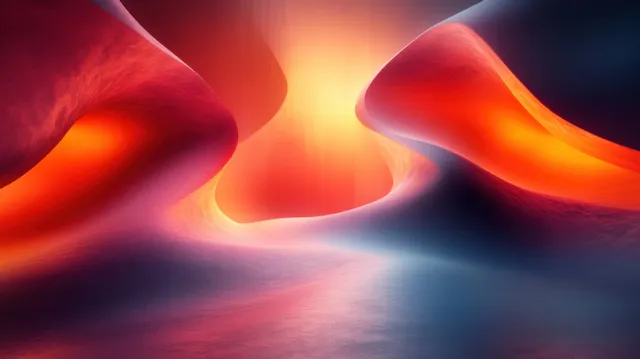 Iridescent abstract curved light ribbons forming a glowing valley center
