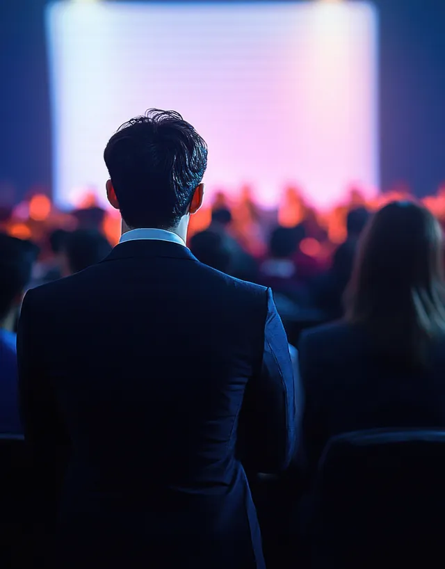 Man in suit speaks to conference audience from front row stage with soft backlight bokeh