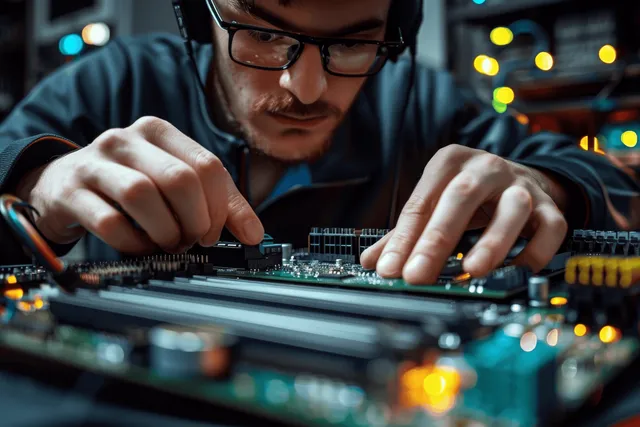 Technician’s hands reseat laptop motherboard chips on an open workbench in a repair shop.