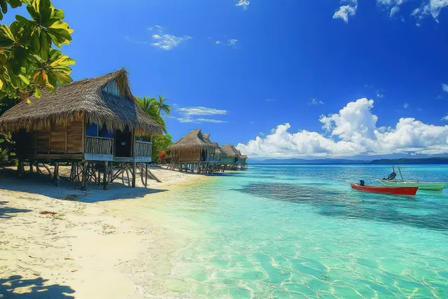 Thatched stilt huts on a tropical beach beside turquoise water and a red boat