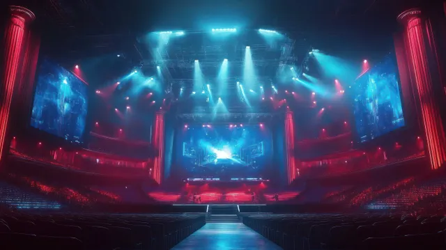 Empty concert hall lit by blue and red stage lights with large LED screens and dark audience seating.
