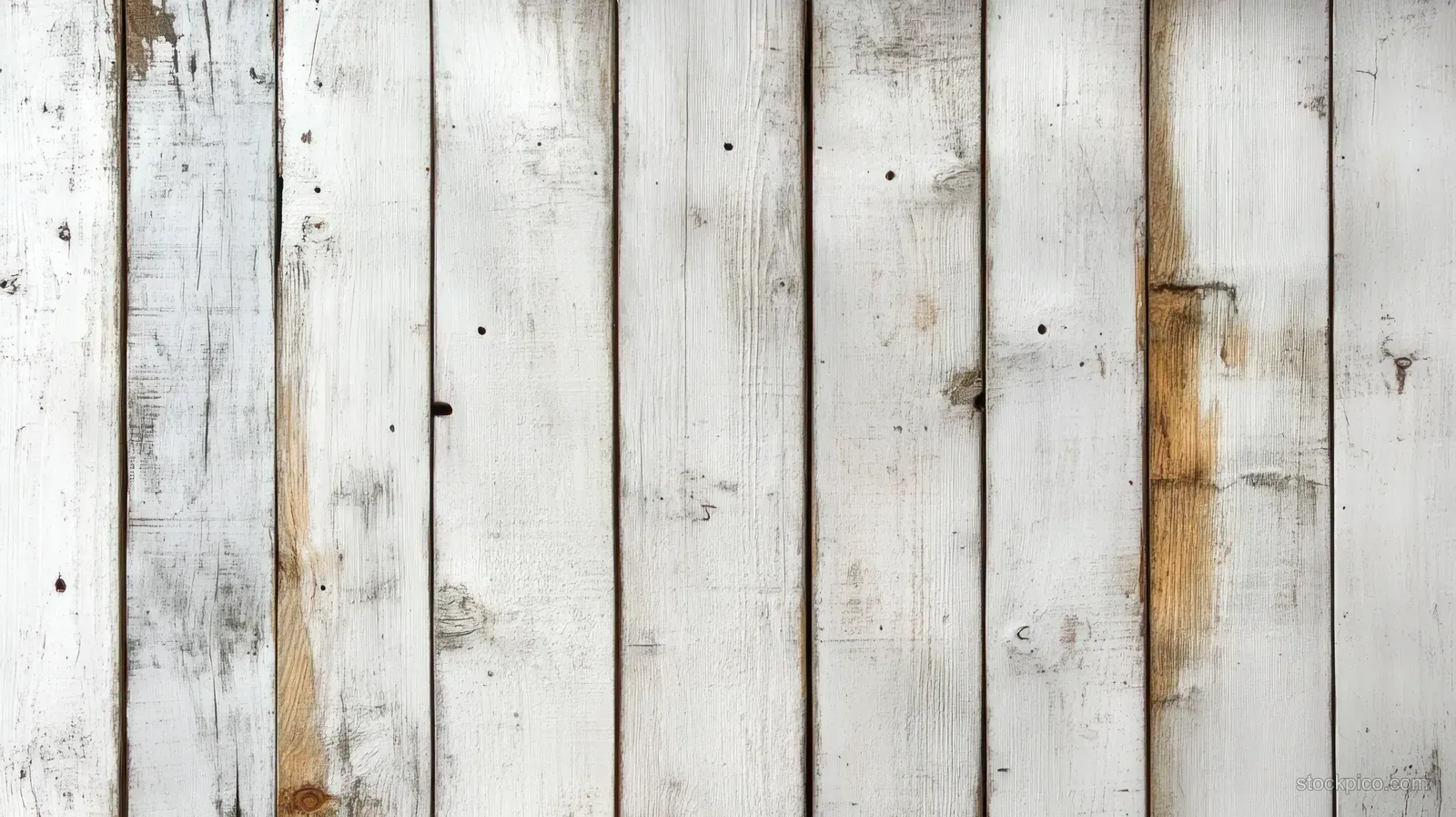 Close-up of vertically aligned weathered white wooden planks with visible grain, scratches, and faded paint.